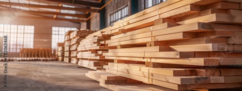 Stacked pine wood planks in a factory setting, showcasing the storage and organization of wooden materials - Concept of modern technology in timber processing and goods production 