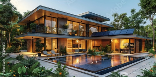 Modern house with solar panels on the roof and swimming pool