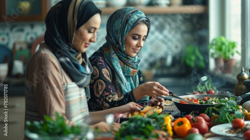 Mixed-race and Middle Eastern women cook and share a meal together in the kitchen