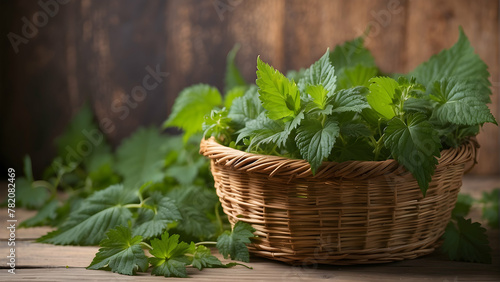 A rustic still life showcasing fresh stinging nettle leaves carefully placed in a traditional wicker basket set on a warm wooden backdrop
