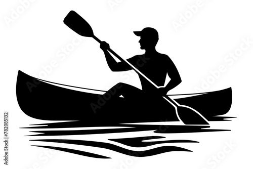 Silhouette of a man paddling a canoe on a lake. Vector illustration