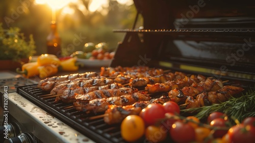 A grill is cooking a mix of meat and vegetables for a delicious meal