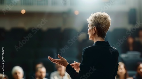 The poised professional captivates her audience with confident gestures, drawing them into her compelling presentation. 