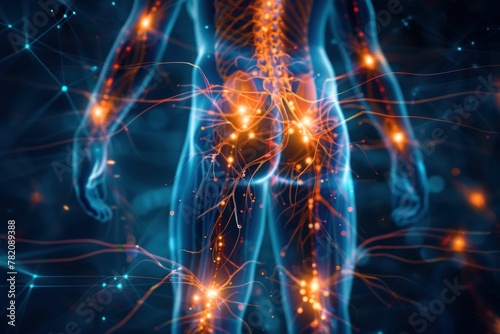 Anatomy of Human Nervous System Illuminated with Blue and Red Lights on Background