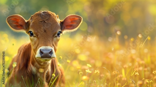Cute brown cow calf standing in the floral meadow on sunny day looking at camera with copyspace