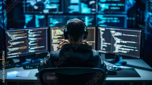 In the digital realm, a coding virtuoso emerges, surrounded by screens ablaze with lines of code, each keystroke a symphony of expertise, sculpting intricate software landscapes. 