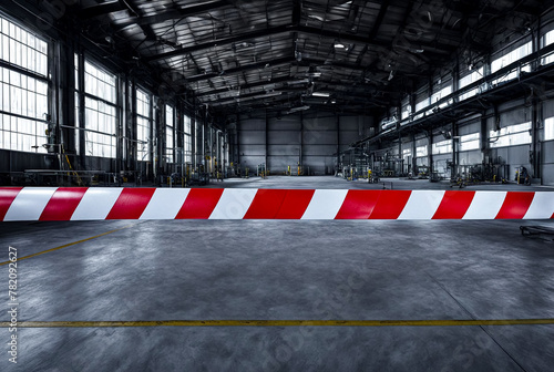 Barrier cross types on closed industry room indoors, danger zone, do not enter. Unsafe industrial area from warning red white lines barrier. Production shutdown concept, no open. Copy ad text space