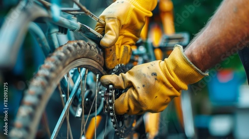 A close-up reveals skilled hands, clad in gloves, meticulously fine-tuning the rear derailleur of a bicycle, a testament to expert repair work. 