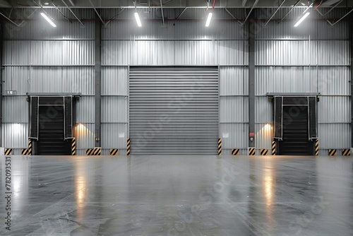 Roller door or roller shutter using for factory, warehouse or hangar. Industrial building interior consist of polished concrete floor and closed door for product display. generative ai.