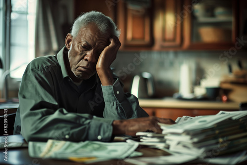 African American senior man sits at his kitchen table, surrounded by stacks of overdue bills and foreclosure notices,economic hardships