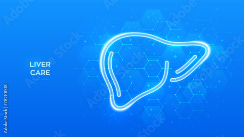 Liver icon. Human liver care and protection. Cirrhosis and hepatitis treatment, donation, diagnostics medical banner. Molecular structure. Blue medical background with hexagons. Vector illustration.