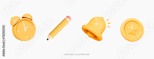 3D Cartoon office set emoji icons. Yellow alarm clock, pencil, bell and gold coin. Business and education concept. School objects. New notification. Work collection elements. 3D Vector Illustration
