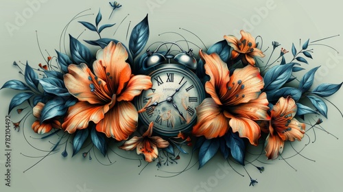 Mandala flowers and Clock, Realism style tattoo design