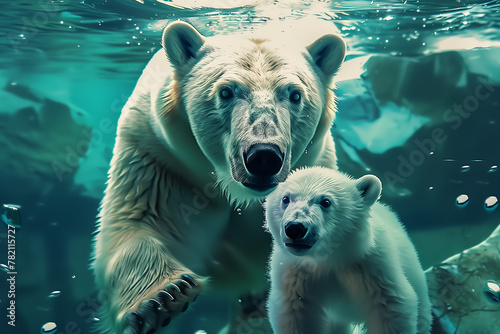 Polar Bear Family Swimming Underwater