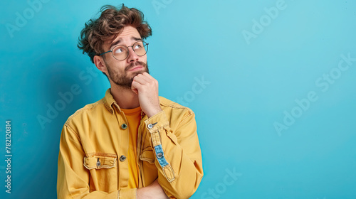 Portrait of a confused puzzled minded man on pastel blue background