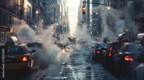 Busy City Street with Taxis and Steam Venting