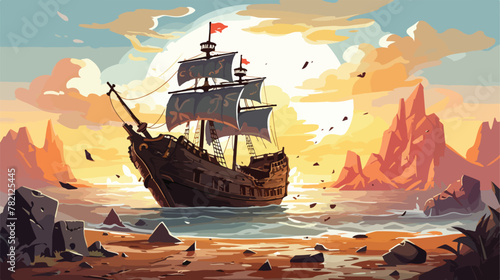 Shipwreck after pirate ship attack. Vector cartoon