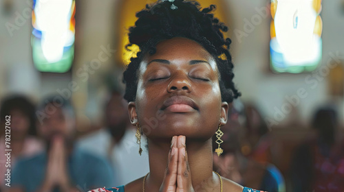 Prayer, christian and worship with black woman in church for god, holy spirit and spirituality