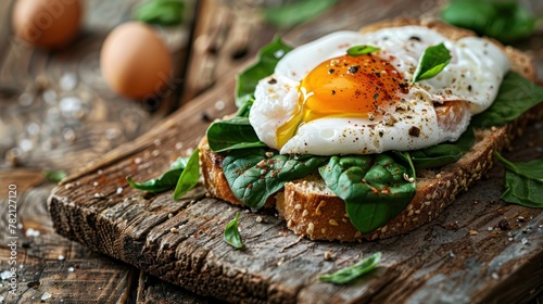 Poached egg on a piece of bread with spinach
