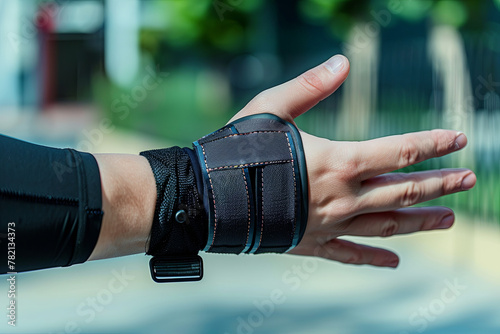 Human hand with a wrist brace, orthopaedic equipment