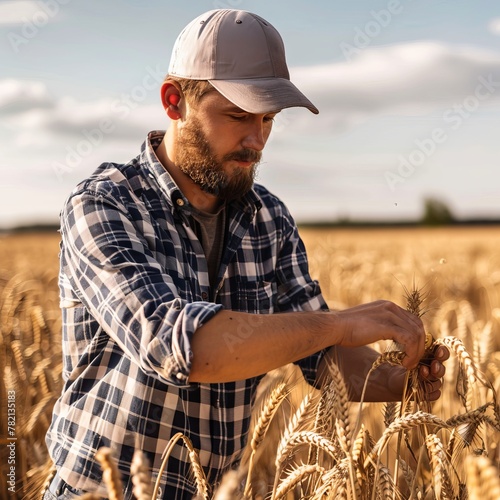 A man farmer checks the quality of wheat grain on the spikelets in the field. The male farm worker touches the ears of wheat to ensure the crop's good condition.