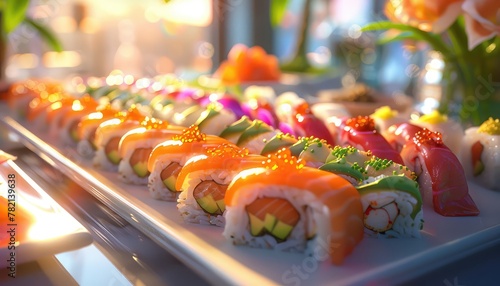 Sushi Symphony, Showcase the artistry and elegance of sushi with images of beautifully crafted sushi rolls, sashimi platters, and nigiri assortments