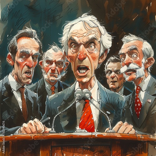 Satirical cartoon of politicians in a debate, exaggerated expressions