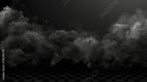 Detailed modern illustration of black smoke clouds and dark mist coming from fire, explosions, burning coal or carbon. Black fume texture isolated on transparent background.