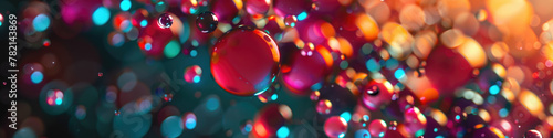 Vibrant droplets adorn a surface, backlit by a blur of multicolored lights