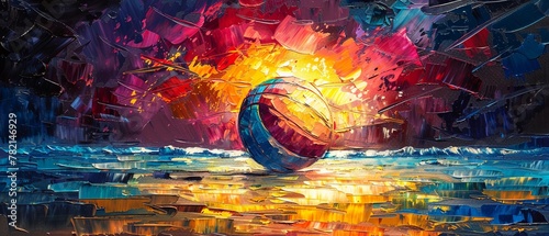 Palette knife oil artwork of a volleyball beach ball, body in bright colors, against a dynamic background with colorful highlights and theatrical lighting