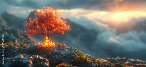 Tree burning with bright orange flames on rocky ground
