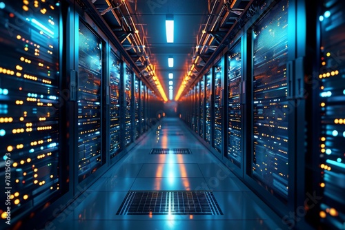 A long hallway filled with neatly arranged rows of servers, providing efficient data storage and processing capabilities, A three-dimensional representation of a large scale server, AI Generated