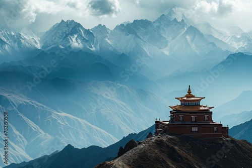 A building situated on top of a mountain with other mountains in the background, A Tibetan monastery in the Himalayas, AI Generated