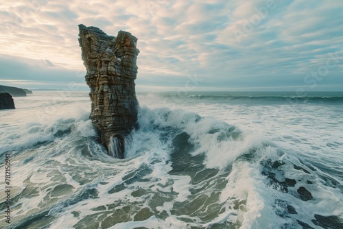 A massive rock formation protrudes boldly from the ocean, dominating the surrounding waters, A towering view of a solitary sea stack amidst foamy sea waves, AI Generated