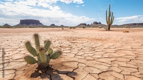 Dry desert scene with single cactus plant