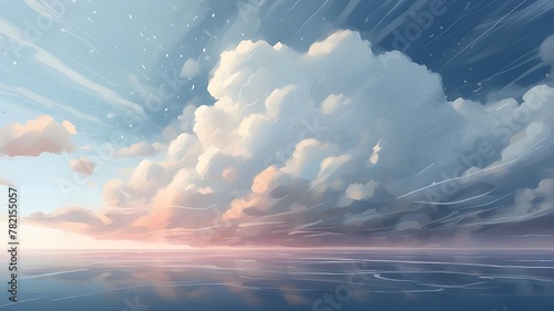 A digital sketch portraying a modern illustration of white clouds, rain, and fog in the sky, rendered in a sketchy and abstract style. The focus is on capturing the essence of meteorological elements 