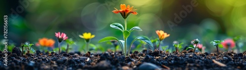 Simple image of a sprout growing among colorful flowers, representing new beginnings and peace, with space for text