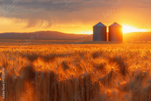 Golden Hour Sunset Over Wheat Field with Silos