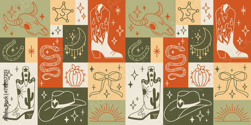 Seamless pattern with various doodle line style trendy cowboy boots, hats, cow scull, snake. Boho American western desert elements.Vector cowgirl illustration. Simple tattoo mosaic background