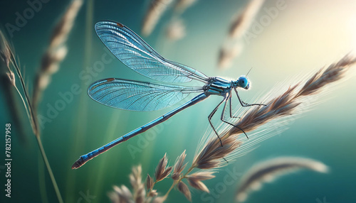 A dragonfly perched delicately on a blade of grass. The dragonfly is in sharp focus, with details of its long, slender body