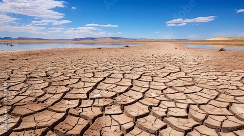 Arid lakebed with cracked surface