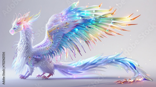 A fantastical iridescent dragon spreads its vibrant, feathered wings, combining elements of fantasy and dream-like coloration in a digital art piece.