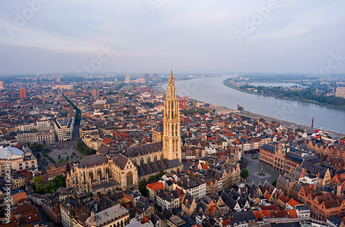Antwerp, Belgium. Cathedral of Our Lady of Antwerp. River Scheldt (Escout). Summer morning. Aerial view