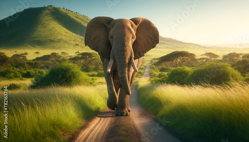A majestic African elephant walking on a dirt road within a lush savannah. Tall grass lines the road
