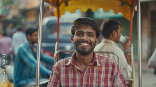 Indian rickshaw puller smiling, talking on phone in busy street