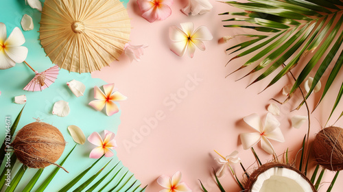 Tropical composition with plumeria flowers, palm leaves, and coconuts on a pastel background