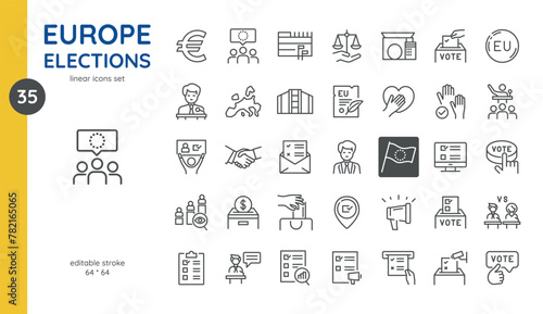 European Elections 2024 Icon Set: Voting and Democracy Symbols. Includes Ballot Box, EU Parliament, Voting Hands, Check Marks, and Debate Emblems.