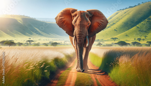 The African elephant walking down a dirt road within a lush savannah. Tall grasses line the sides of the road