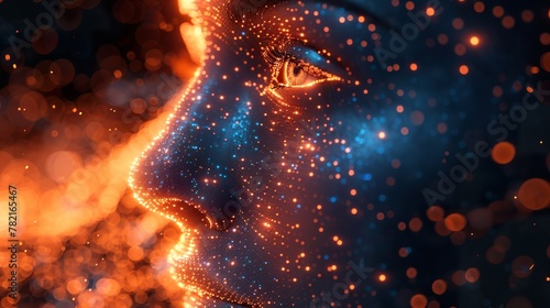 Abstract Digital Face with Dazzling Blue and Orange Lights