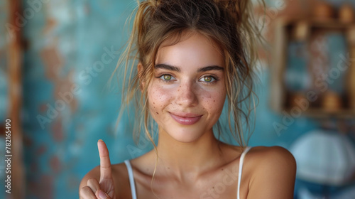 Portrait of attractive flirty funny cheerful girl winking pointing forefingers at you isolated over vibrant blue color background.